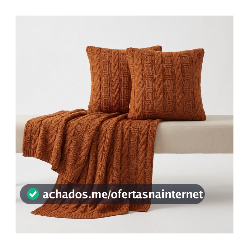 Kit Manta de Tricô + 2 Capas de Almofadas Sofá Poltrona Cobertor Cama 150x90cm Usufruto Decorativa Sala D6