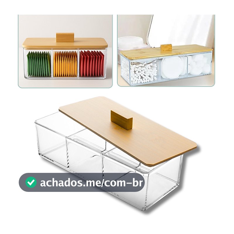 Caixa Organizadora Acrílica Porta Saches De Chá Porta Joia Com 3 Divisórias E Tampa De Bambu