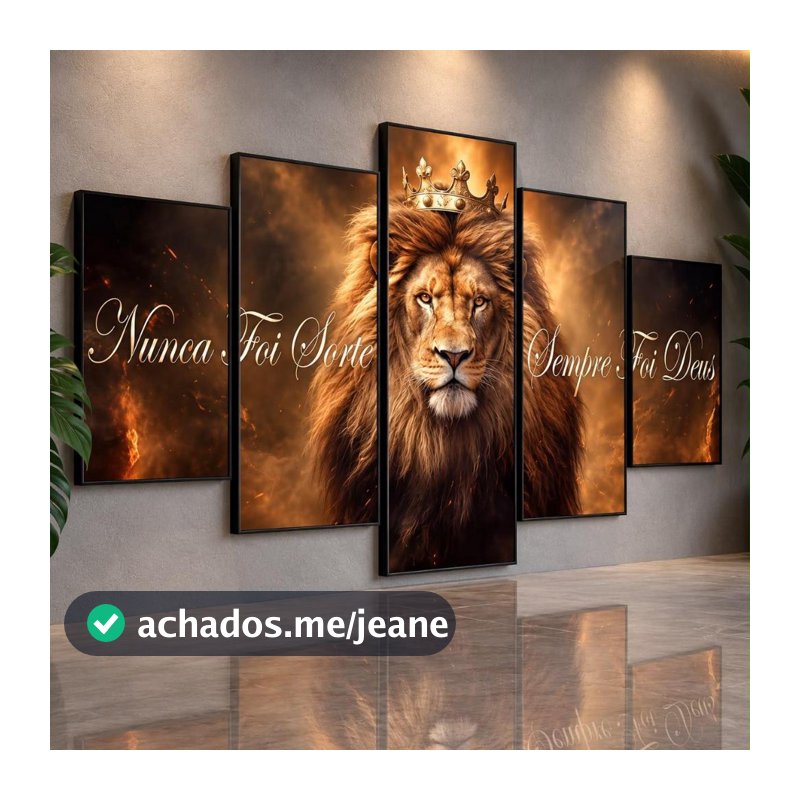 Quadros Decorativos Mosaico Leão Rei Nunca Foi Sorte Sempre Foi Deus 5 Peças Sala Quarto