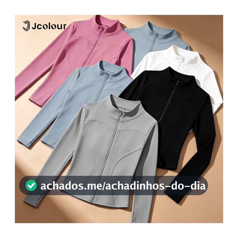 Jcolour Blusa Manga Longa Feminina Fitness  Modeladora Zíper Gola Alta Yoga Esportivo Proteção UV