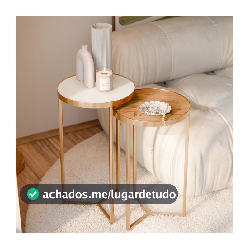 Kit 2 Mesas Apoio Lateral Canto de Sala para Decoração - Metal Dourada Tampo Off White e Cinamomo