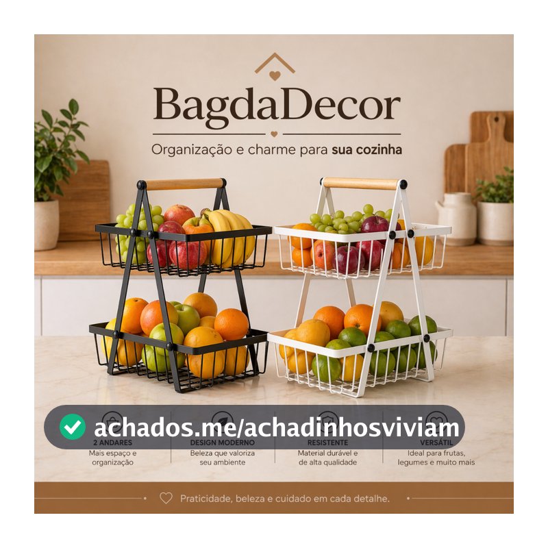 Fruteira Aramada de Ferro com Bambu 2 Andares | Multiuso Elegante para Cozinha e Bancada Premium!