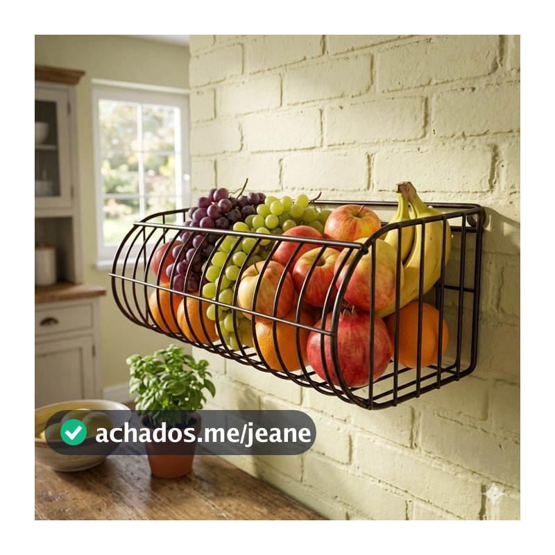 Fruteira Cesto de Parede  em Aramado de Ferro 40x20cm p/ Balcão de Armario, Cozinha. Preto ou branca
