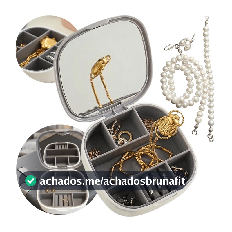 Mini Porta Joias com Espelho Divisórias para Anéis Brincos Pulseiras Organizador Compacto Viagem