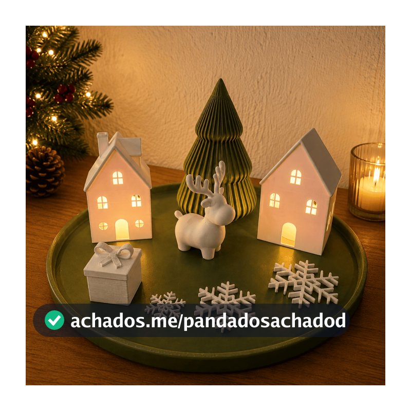 Kit Decoração Natalina com Casinhas Iluminadas, Árvore, Alce e Bandeja – Enfeite de Natal Branco e Verde Oliva
