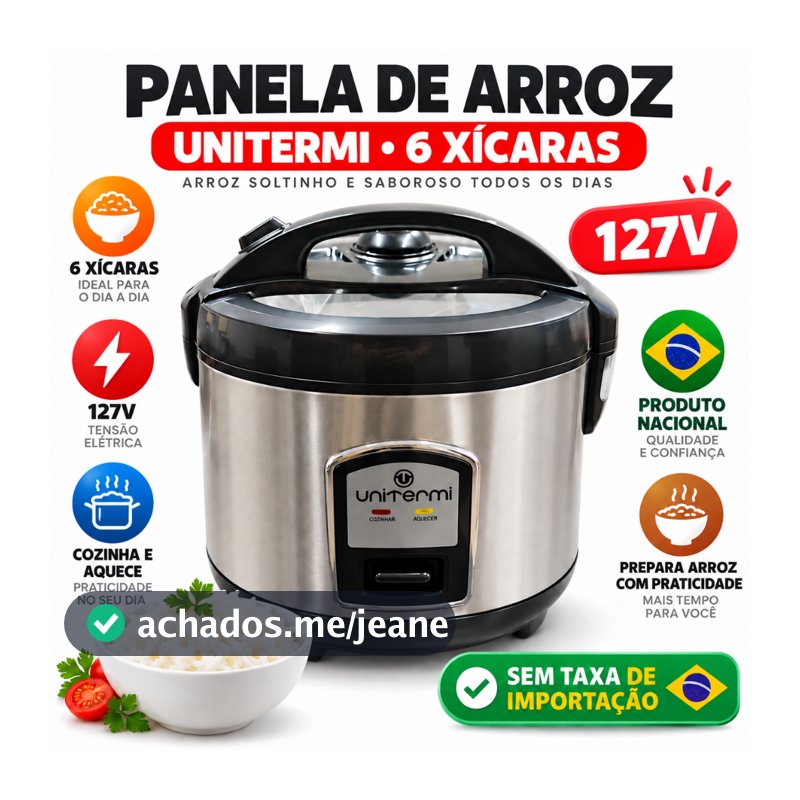 Panela de Arroz Elétrica Aço Inox Antiaderente 6 Xícaras UNITERMI 110/127V Prática Compacta