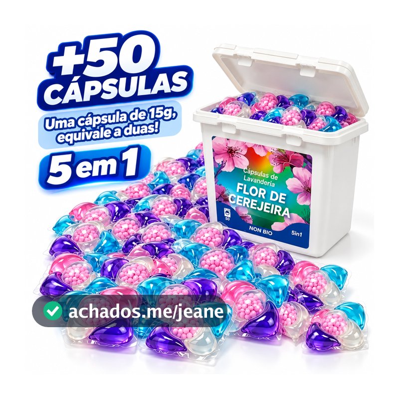 Sabão Cápsulas Lava Roupas 5em1 50un Caixa, 15g cada cápsula, Tira Manchas, Aroma Duradouro, Limpeza Profunda