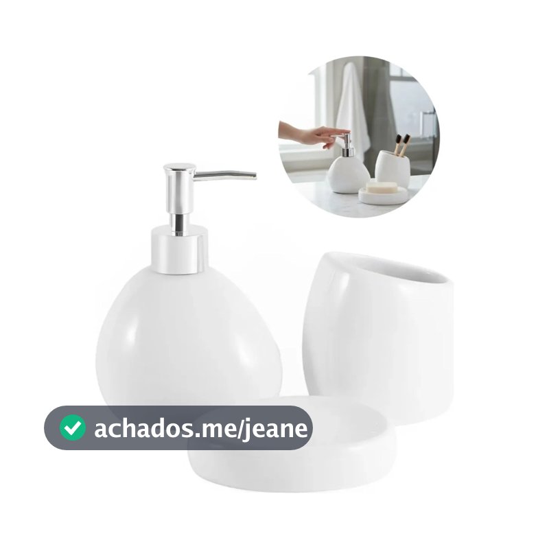 Kit Banheiro Lavabo Cerâmica Serene Acessórios Branco 3 Pçs