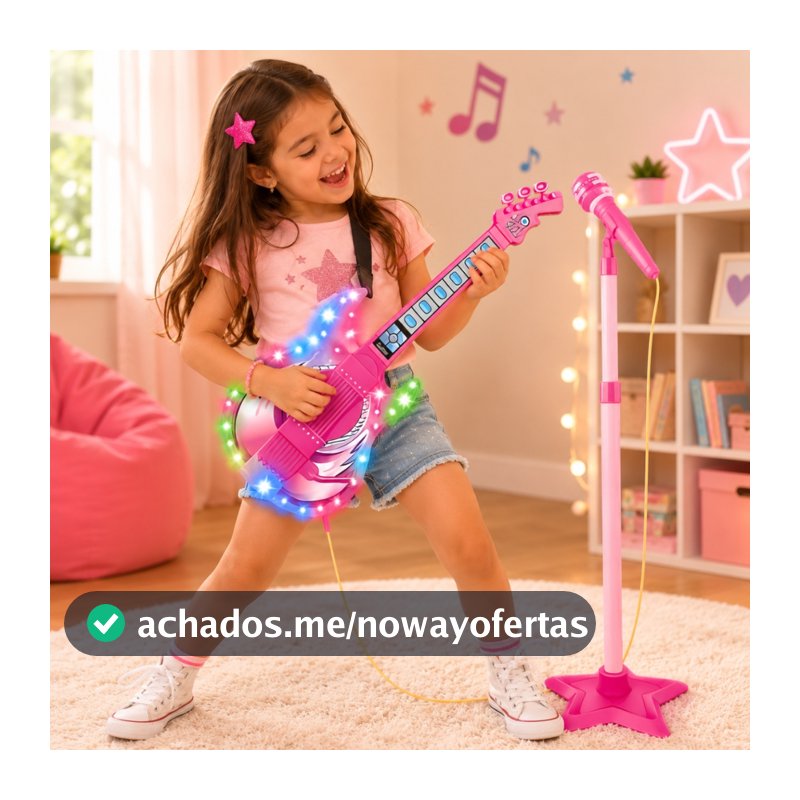 Brinquedo Guitarra Musical Com Luz e Som Microfone Pedestal Infantil Para Crianças - Castela