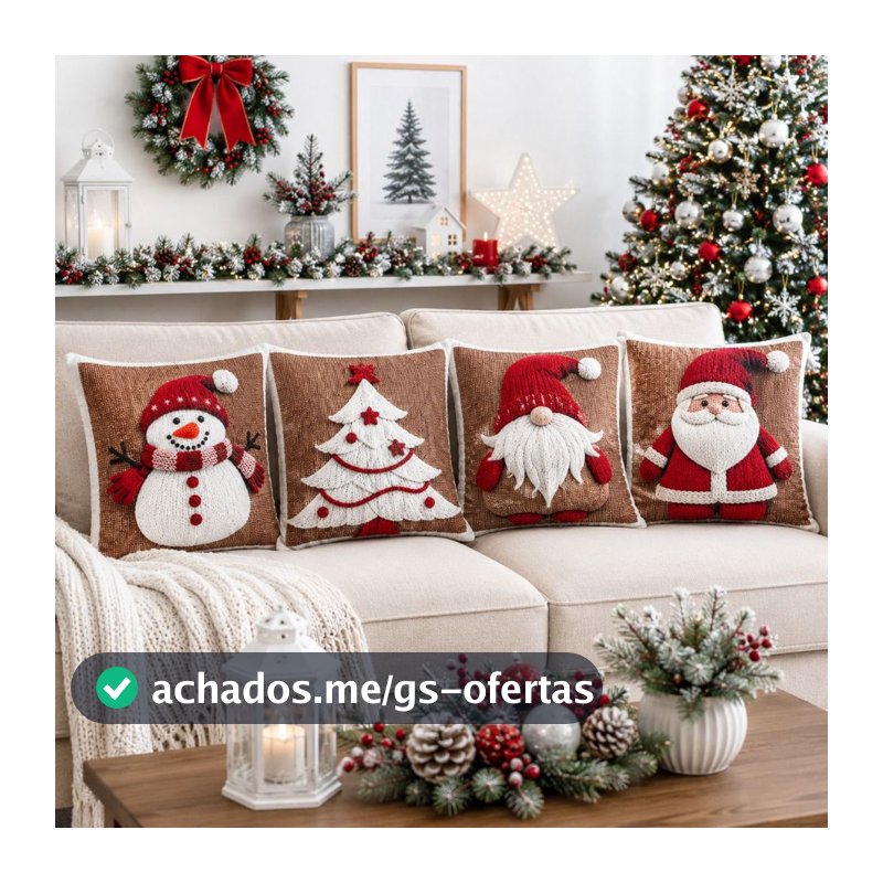 Kit 4 Capas de Almofada Natal 45x45cm Sublimada com Zíper Decoração Sofá, Cama e Sala
