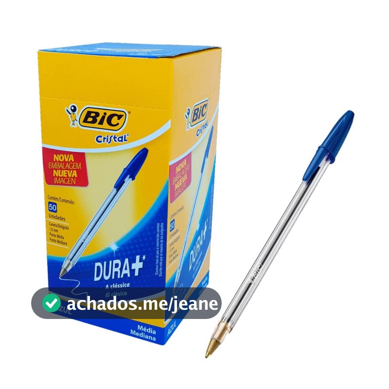 Caixa Caneta Esferográfica Bic Cristal Clássica Média 1.0 mm Cor Azul Caixa 50 Unidades