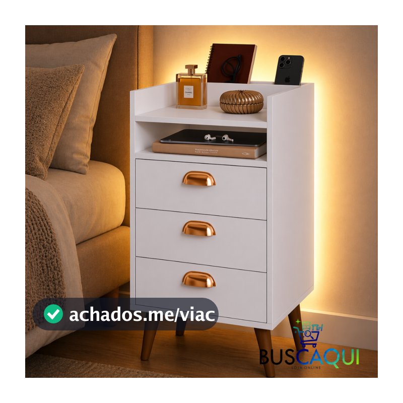 Mesa de Cabeceira Retrô 3 Gavetas Plus Organizadora Com Porta Celular Quarto Moderno Heloisa