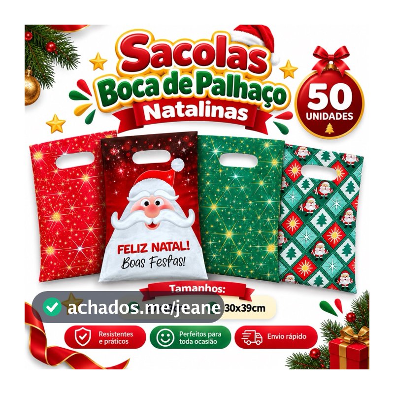 Sacola Boca de Palhaço Natalina Kit 50 Unidades Sacos para Presente Natal Estampados 20x29 e 30x39cm