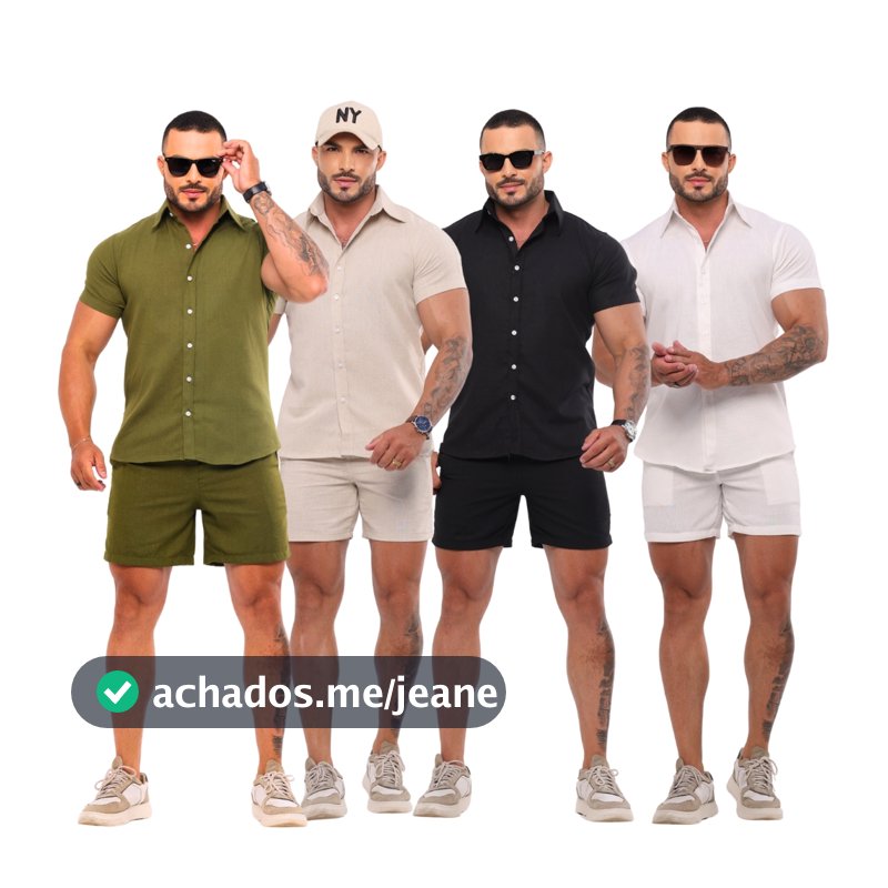 Conjunto Linho Masculino Camisa Botão Bermuda Mauricinho Casual Slim Fit