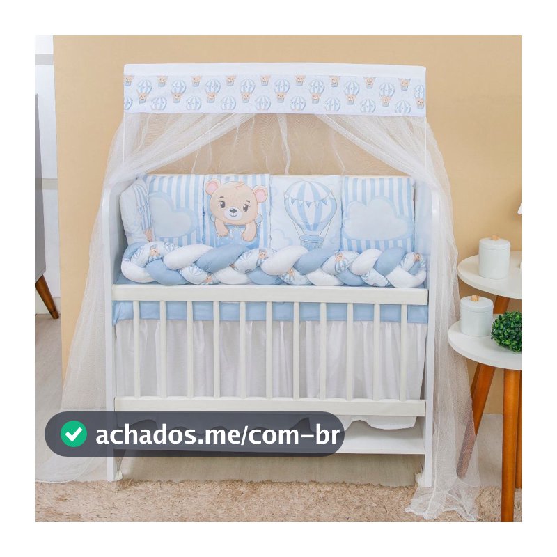 Kit Mini Berço com 12 peças + Saia de Berço Bebê Menino Urso Baloeiro