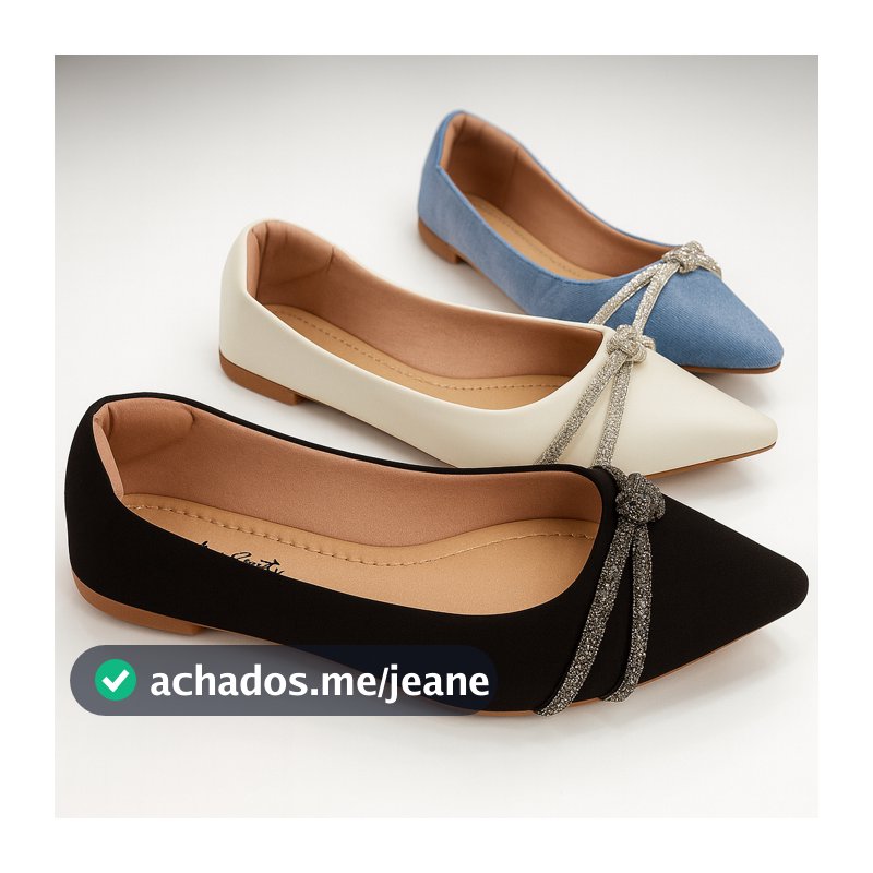 Sapatilha Feminina Bico Fino Detalhe Tiras Strass Elegante Casual Moderna Dia a Dia Jaqueline Costa