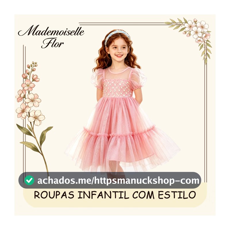 Vestido de Menina Infantil Rosa Tule com Brilho Rodado Manga Bufante Casual Passeio Festa Aniversário