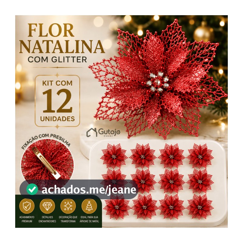 Kit 12 Flores de Natal Artificial com Glitter Enfeite para Árvore Decoração Natalina