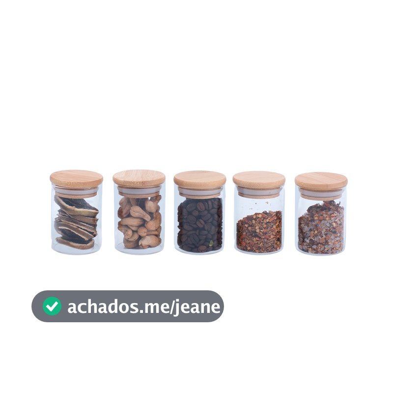 Kit 5 potes de vidro herméticos com tampa de bambu 110ml - Oikos