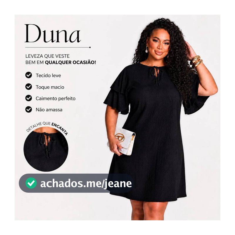 Vestido Feminino Plus Size Preto Curto Soltinho Manga Curta Elegante Confortável Tecido Duna