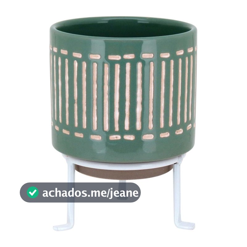 Cachepô Vaso Planta Decorativo 16x12x12cm Cerâmica Verde com Suporte Bernan Suculenta Cacto Sala