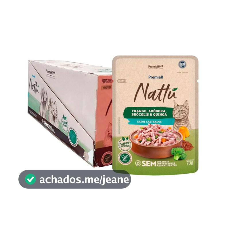 Kit 20un. Ração Úmida Premier Nattu Sachê Gatos Castrados Frango, Abóbora, Brócolis e Quinoa 70g