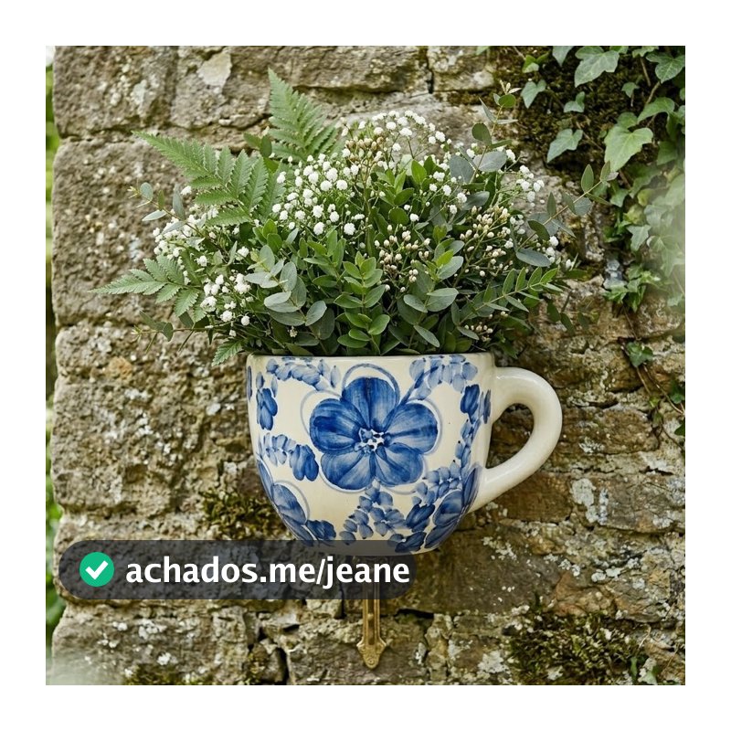 Vaso Floreira De Parede Cerâmica Esmaltada Vintage Azul E Branco Portuguesa