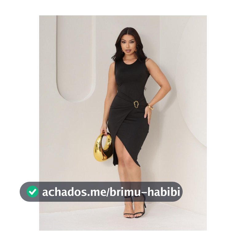 Vestido Midi Feminino Preto com Fenda e Fivela Dourada Elegante Social Festa