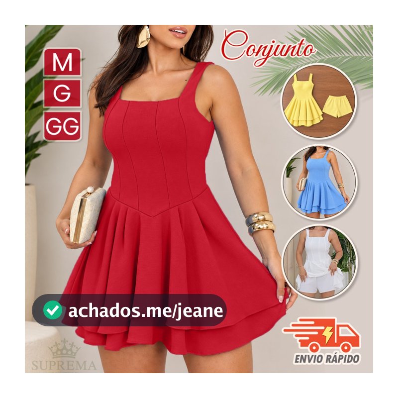 Macaquinho Vestido Feminino Curto Rodado | Alça Larga Decote Reto Moda Verão Casual Festa