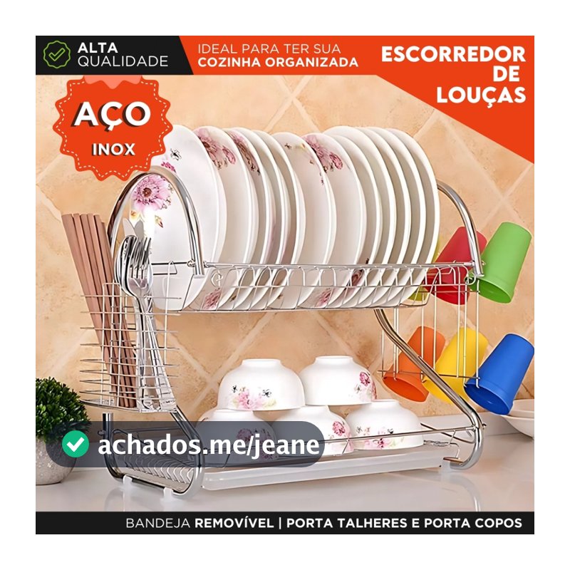 Escorredor de Louças Inox 2 Andares Duplo com Bandeja Porta Talheres e Porta Copos Para Cozinha - SH