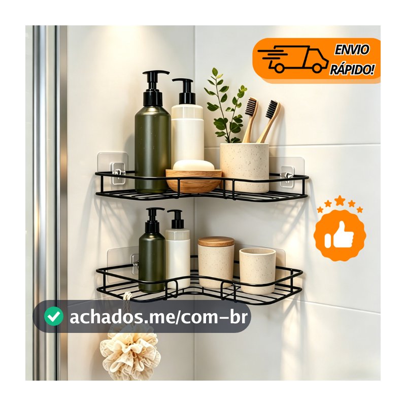 Kit 2 Prateleiras de Canto Sem Furo Porta Shampoo E Sabonete Banheiro Adesivo Reforçado