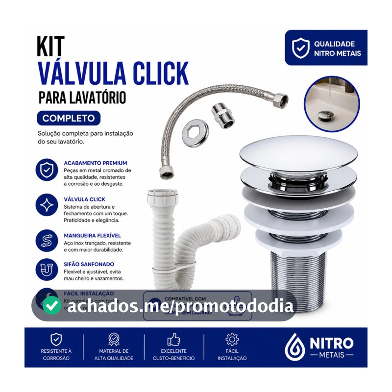 Kit Banheiro Engate Rabicho Flexível 40cm+ Valvula Ralo Click 7/8+ Sifão 72cm branco