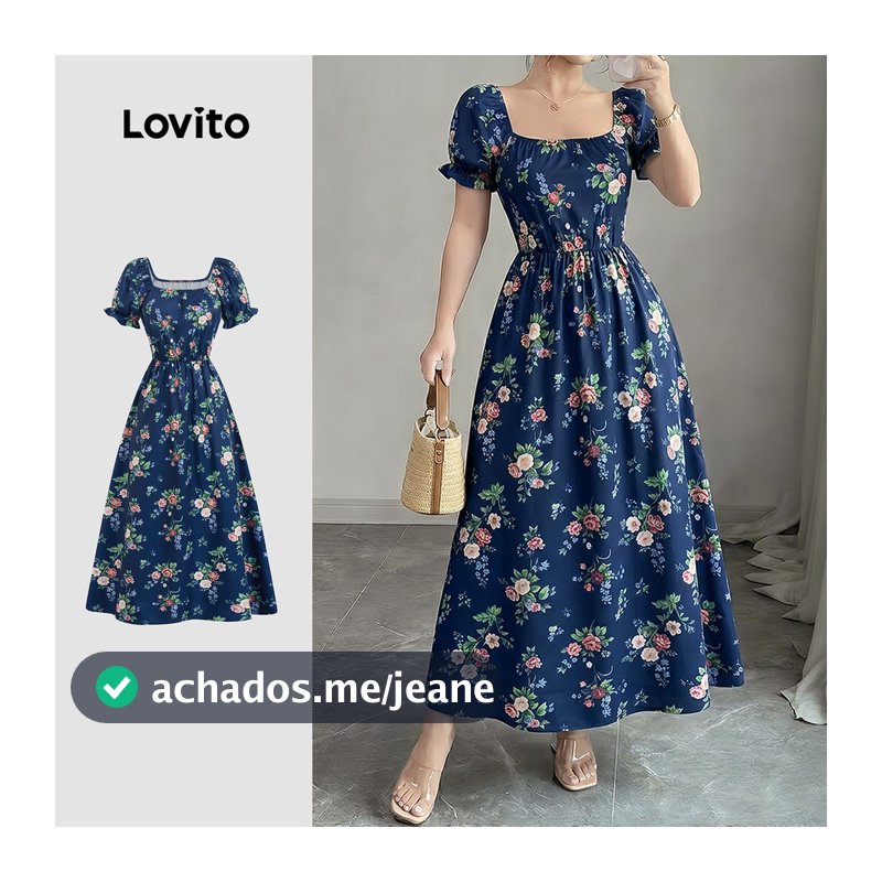 Lovito Padrão de Vestido Boho Plissado Vestido Primavera/verão para Mulheres LBL37046