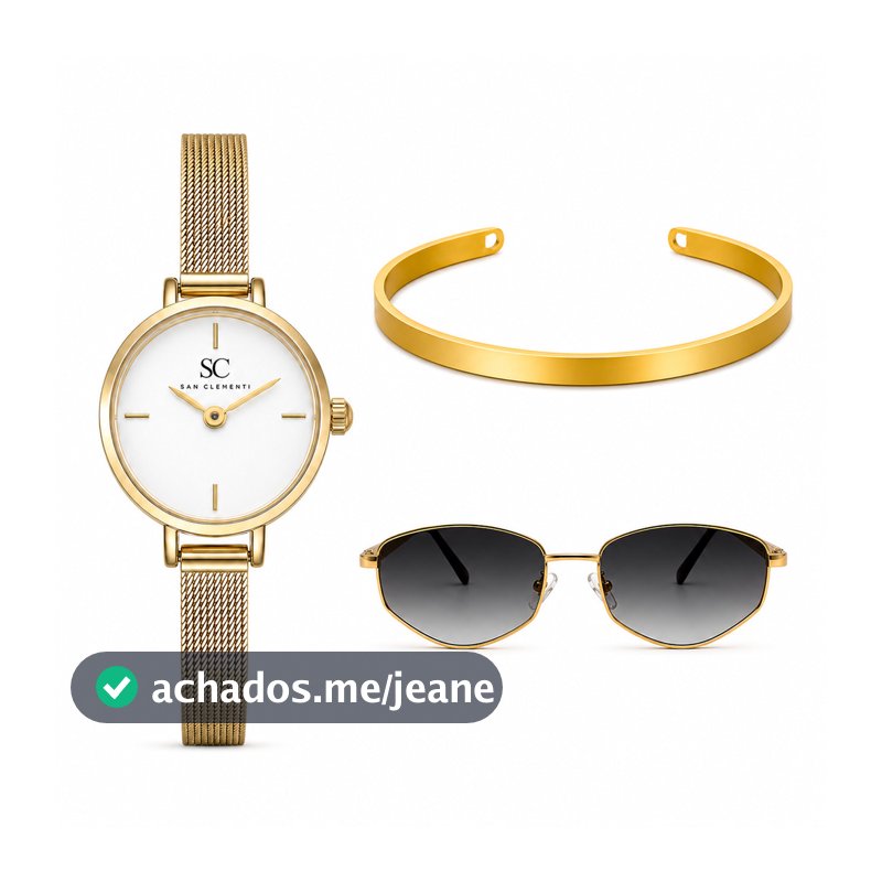 Kit Presente Feminino Premium Milano Oro Relógio + Óculos + Bracelete com 2 Cases e Sacola Premium