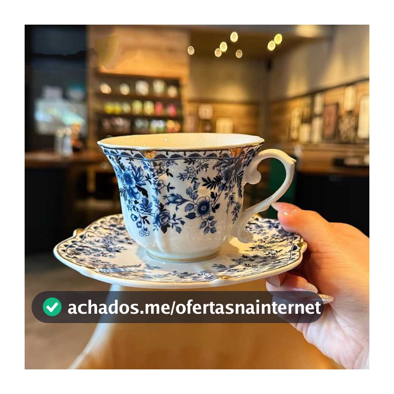 Conjunto Xícara de Chá Café em Porcelana Floral Azul com Borda Dourada Kit com Pires Elegante Mesa Posta
