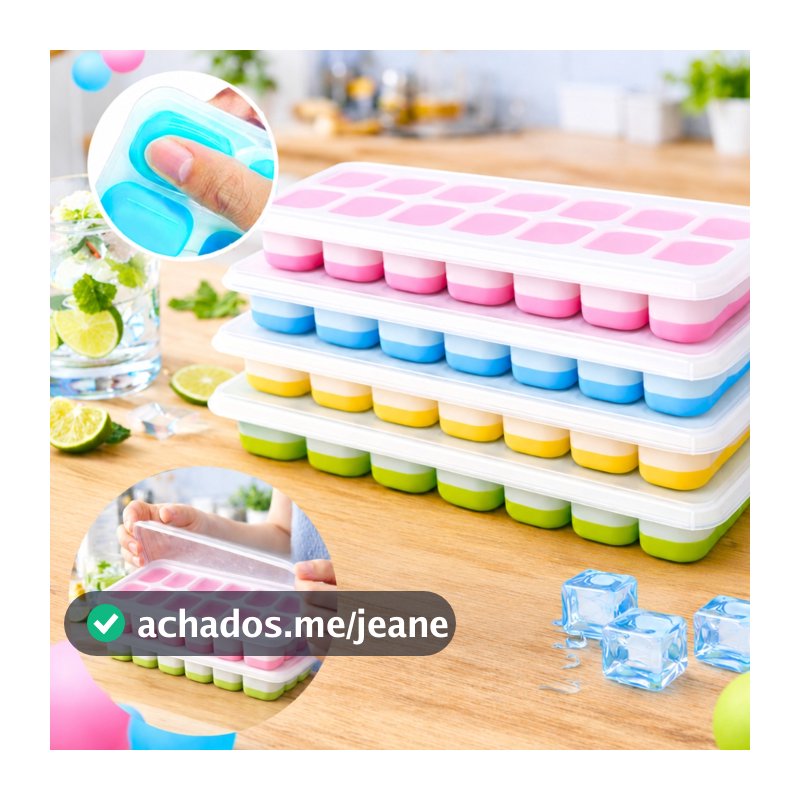 Kit 4 Formas de Gelo Silicone 14 Cubos com Tampa Rígida Fundo Flexível Desenforma Fácil Freezer