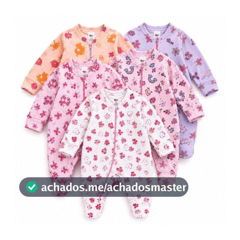 Kit 5 Macacão Bebê Estampado Ziper Menina Algodão Vira Pé Inverno Enxoval Macio Inverno