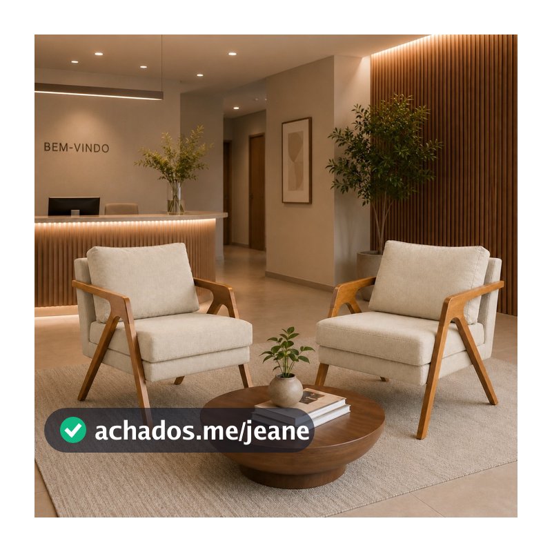 Jogo 2 Poltronas Mona Estofadas Madeira Maciça Linho Sala de Estar Recepção Consultório Design Moderno