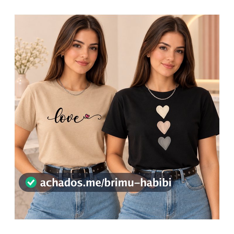 Kit 2 Camisetas T-Shirt Feminina Love Coração Estampada Algodão Premium Básica