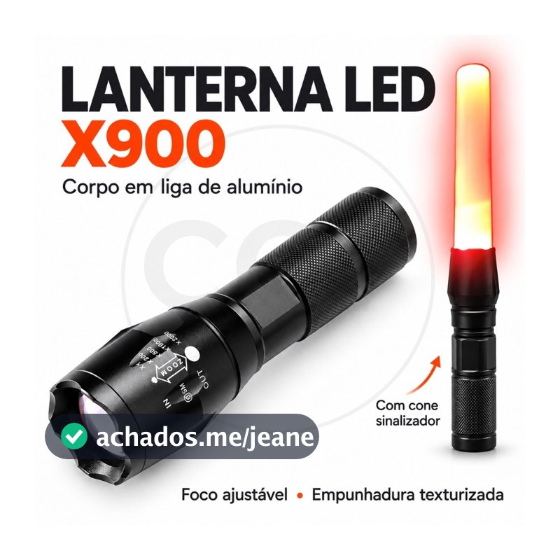 Lanterna LED Tática X900 Recarregável com Zoom Ajustável e Cone Sinalizador para Camping