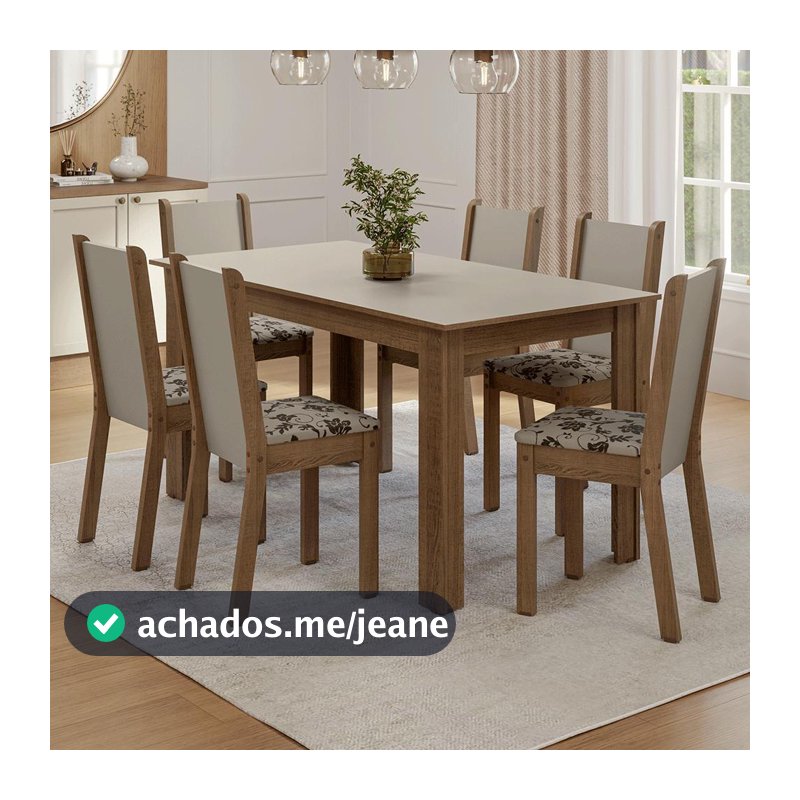 Conjunto Sala de Jantar Lucena Mesa Tampo de Madeira 6 Cadeiras Madesa
