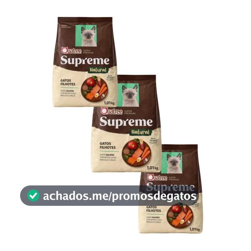 Kit 3 pacotes Ração de 1kg Quatree Supreme Gatos Filhotes Salmão Envio Imediato