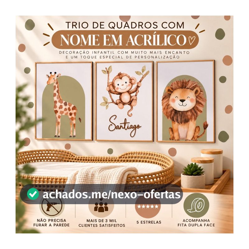 Quadro Decorativo 3 peças Animais Safari Baby Selva Folhas Quarto Infantil Menino - NOME EM ACRÍLICO