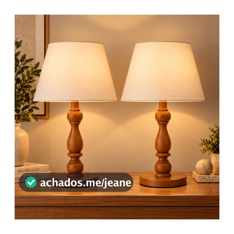 Kit 2 Abajur Luminária de Mesa Madeira para Quarto Cabeceira Sala com Cúpula Bivolt