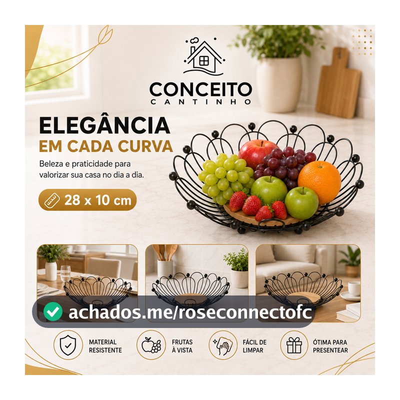 Fruteira de Mesa Rustica de Ferro e Bambu para Café da Manhã Multiuso Metal Preto Cesto Organizador