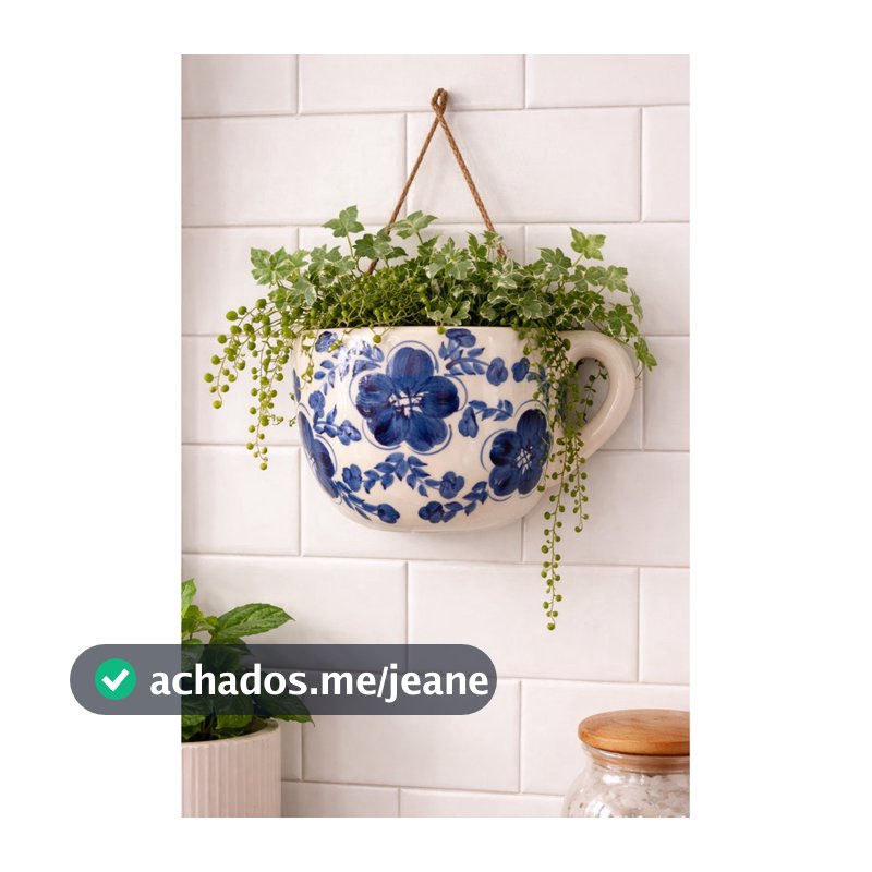 Floreira de Parede Cerâmica Caneca Azul e Branca Vaso para Plantas Decoração