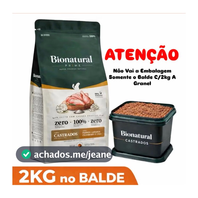 Ração Bionatural Prime Super Premium Para Gatos Castrados Sabor Frango 2Kg A Granel Vai no Balde