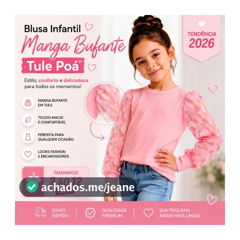 Blusa Infantil Manga Bufante Tule Poá Menina Fashion Elegante 2 a 14 Anos