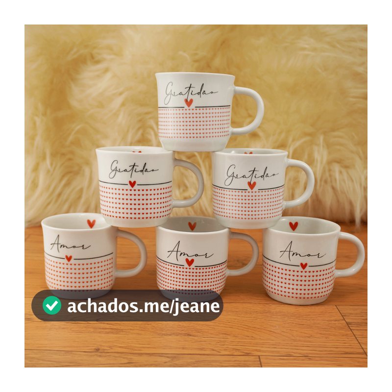 Jogo 6 Xícaras de Porcelana Ágata 200ml Palavras Positivas Amor e Gratidão