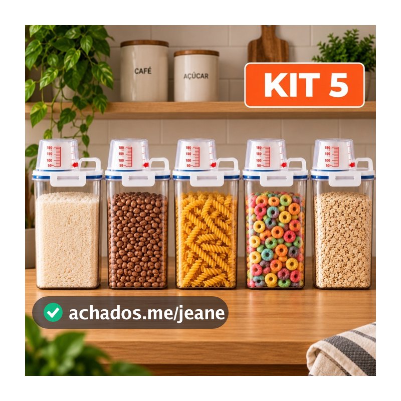 Kit 5 Potes Herméticos 2,5L Bico Dosador Multiuso Organizador de Cozinha Lavanderia Porta Mantimento